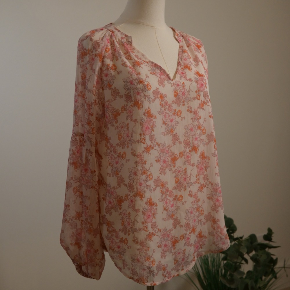 Shein Floral V-Neck Puff Sleeve Chiffon Blouse Pink Orange Cream Size Sein